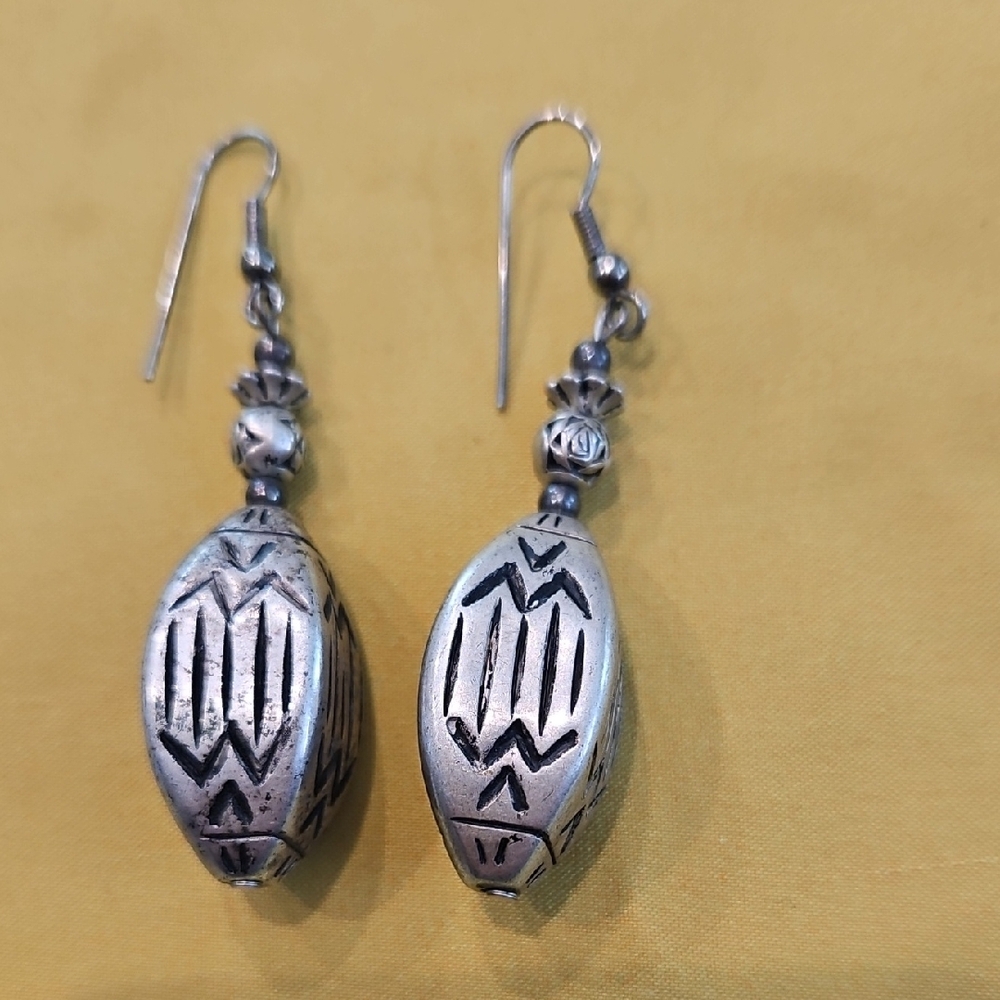 Silver-Tone Carved Oval Bohemian Style Drop Earrings